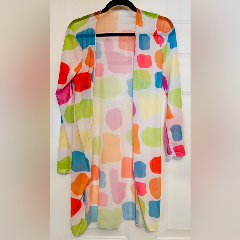 Betsy Moss Swimsuit Resortwear S Sheer Cover Up Colorful Geometric Kimono